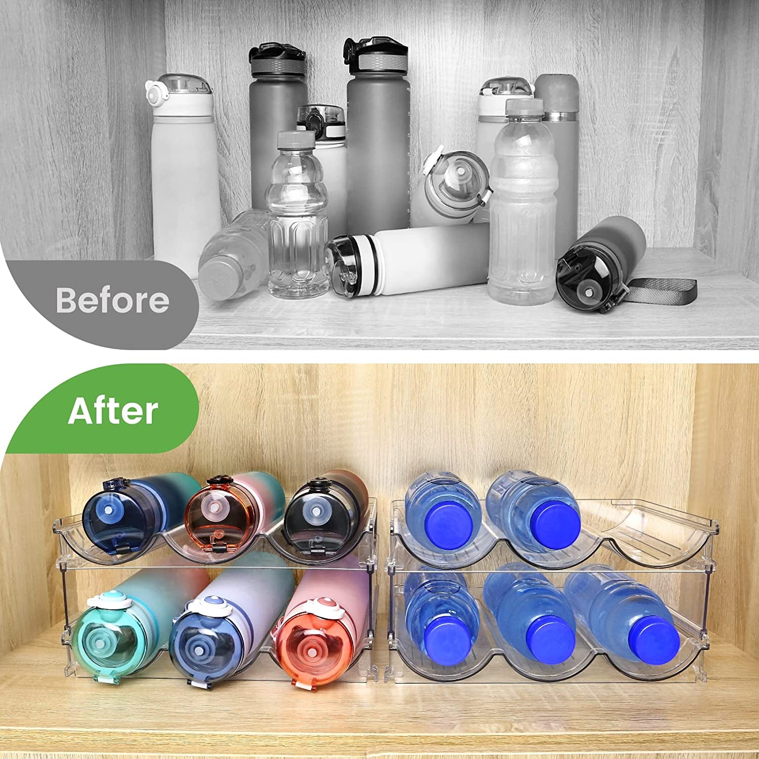 Spospo Water Bottle Organizer Set - Stackable Storage Racks for Cabinets, Fridges, and Pantries - 2-Pack Tumbler Holders