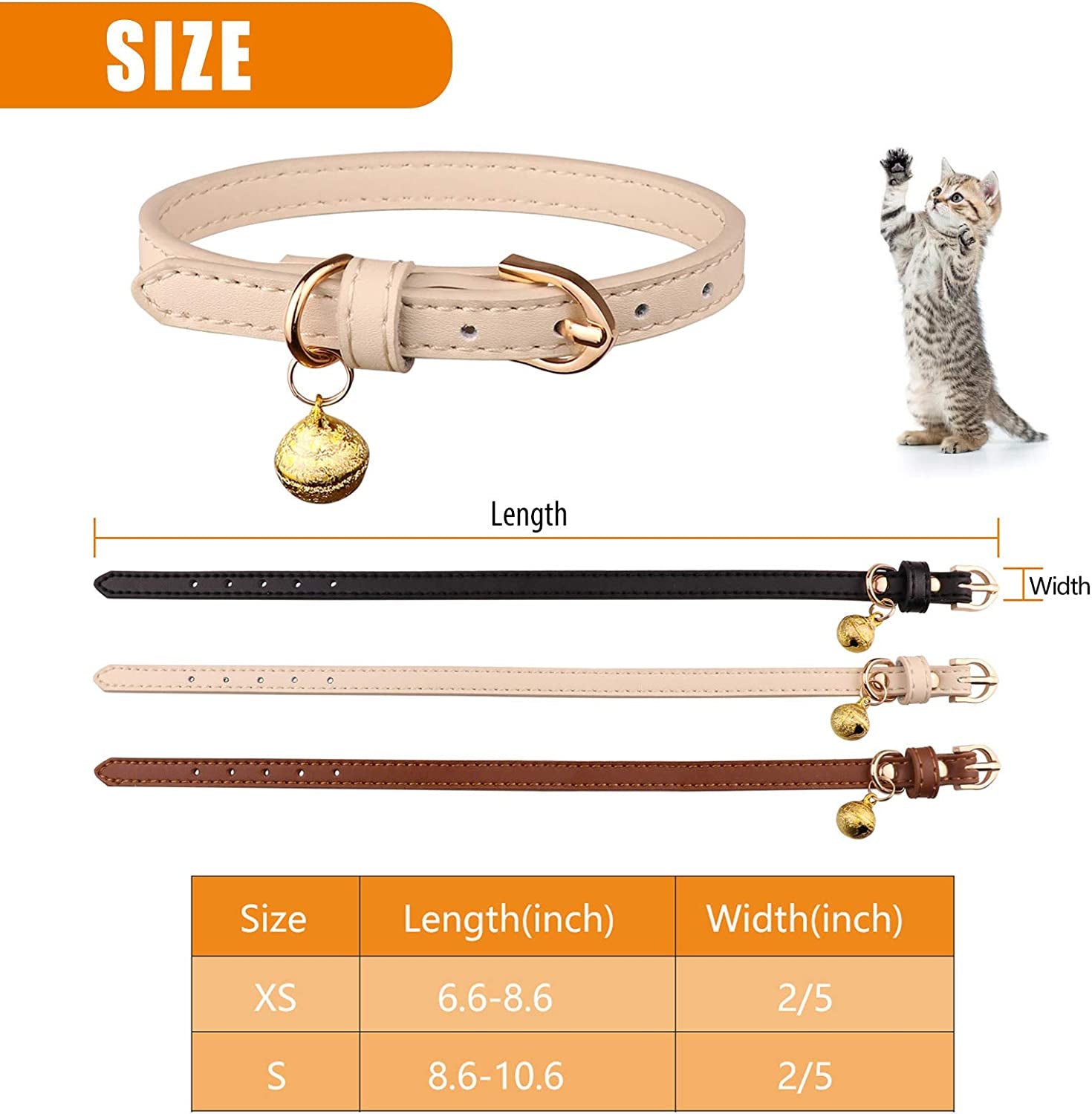 Leather Cat Collar Set - 3 Pack Soft Safety Collars with Bells in Black, Chocolate, and Beige (XS)