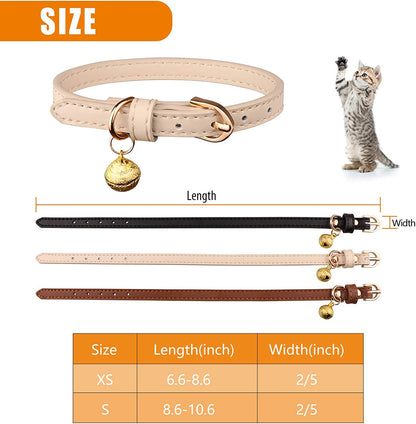 Leather Cat Collar Set - 3 Pack Soft Safety Collars with Bells in Black, Chocolate, and Beige (XS)