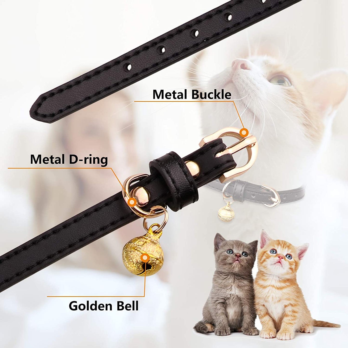 Leather Cat Collar Set - 3 Pack Soft Safety Collars with Bells in Black, Chocolate, and Beige (XS)