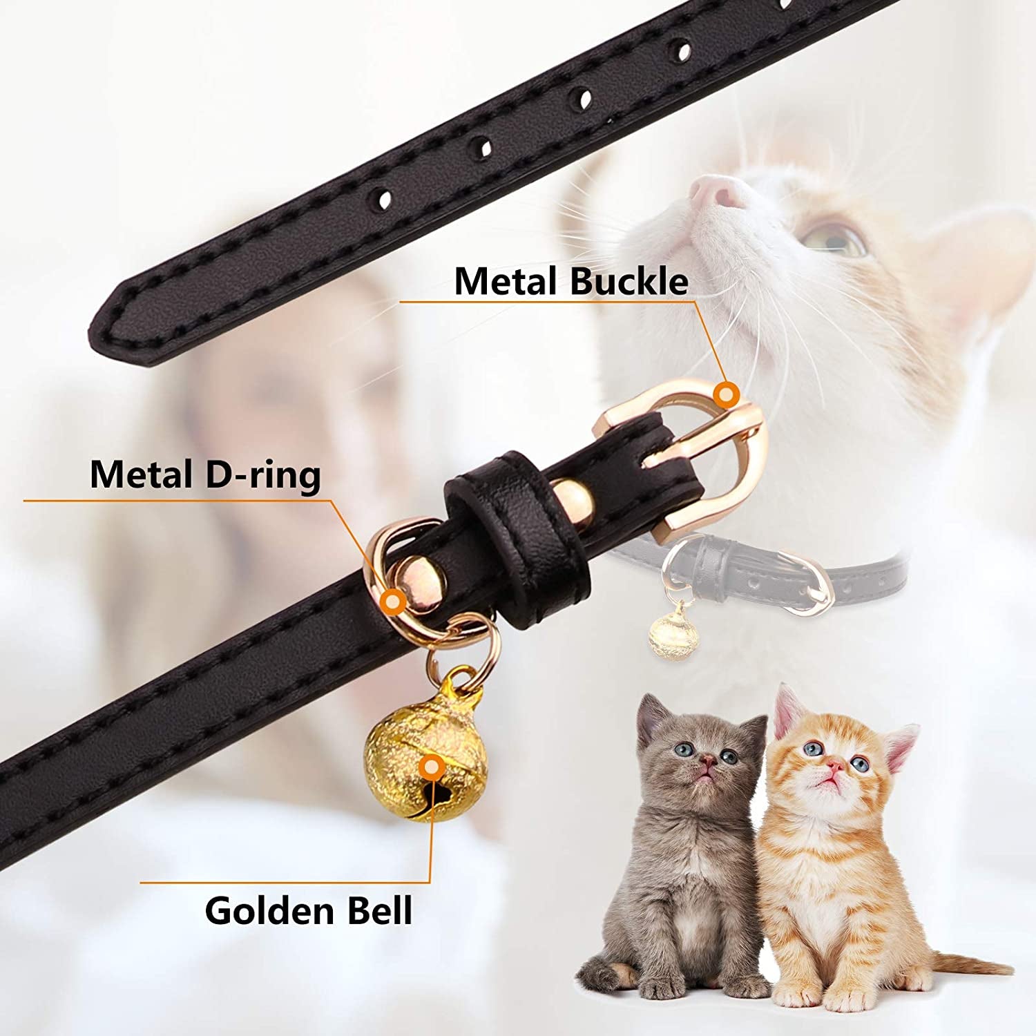 Leather Cat Collar Set - 3 Pack Soft Safety Collars with Bells in Black, Chocolate, and Beige (XS)