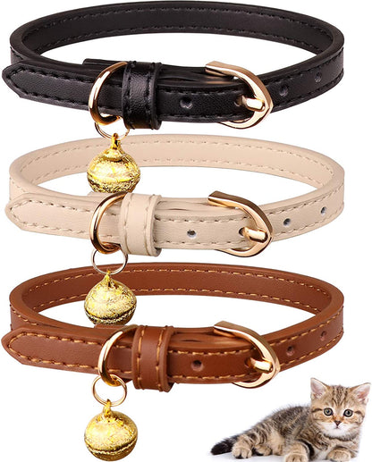Leather Cat Collar Set - 3 Pack Soft Safety Collars with Bells in Black, Chocolate, and Beige (XS)