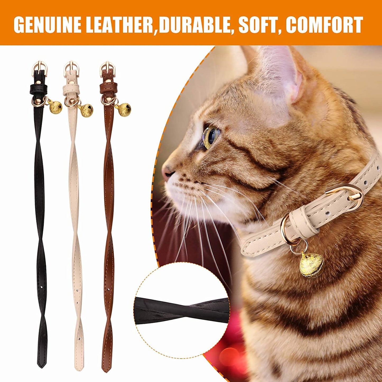 Leather Cat Collar Set - 3 Pack Soft Safety Collars with Bells in Black, Chocolate, and Beige (XS)