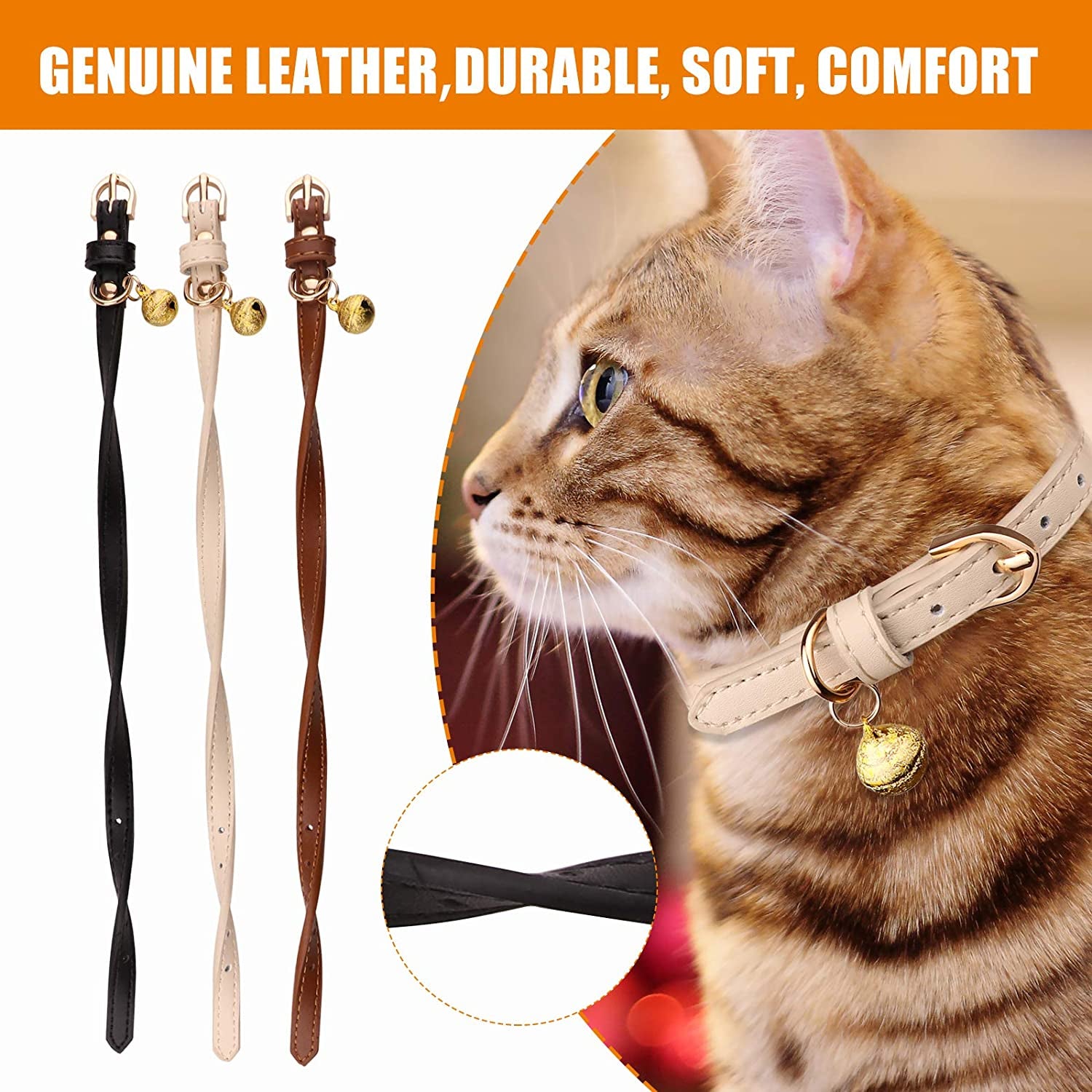 Leather Cat Collar Set - 3 Pack Soft Safety Collars with Bells in Black, Chocolate, and Beige (XS)