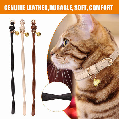 Leather Cat Collar Set - 3 Pack Soft Safety Collars with Bells in Black, Chocolate, and Beige (XS)